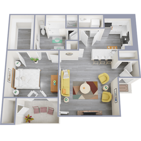 a 3d rendering of our 1 bedroom apartment at princeton court apartments in dallas